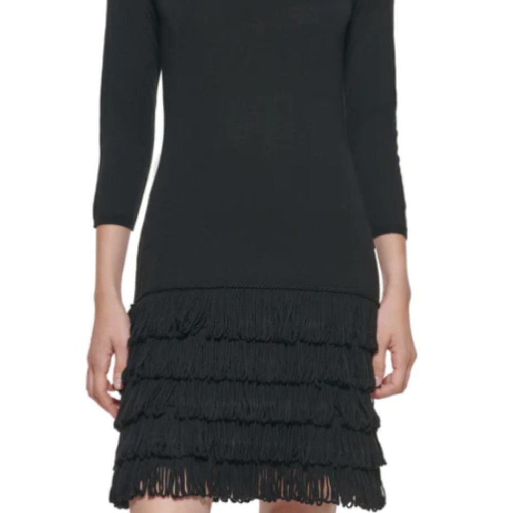 CALVIN KLEIN Women's Size Small Black Fringed Long Sleeve Sweater Dress. Pre-Own